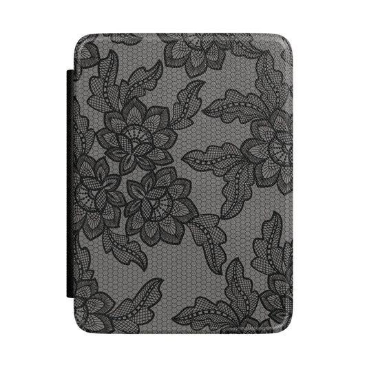 Black lace print Kindle case, black floral lace on gray