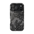 Black lace print MagSafe phone case, back view