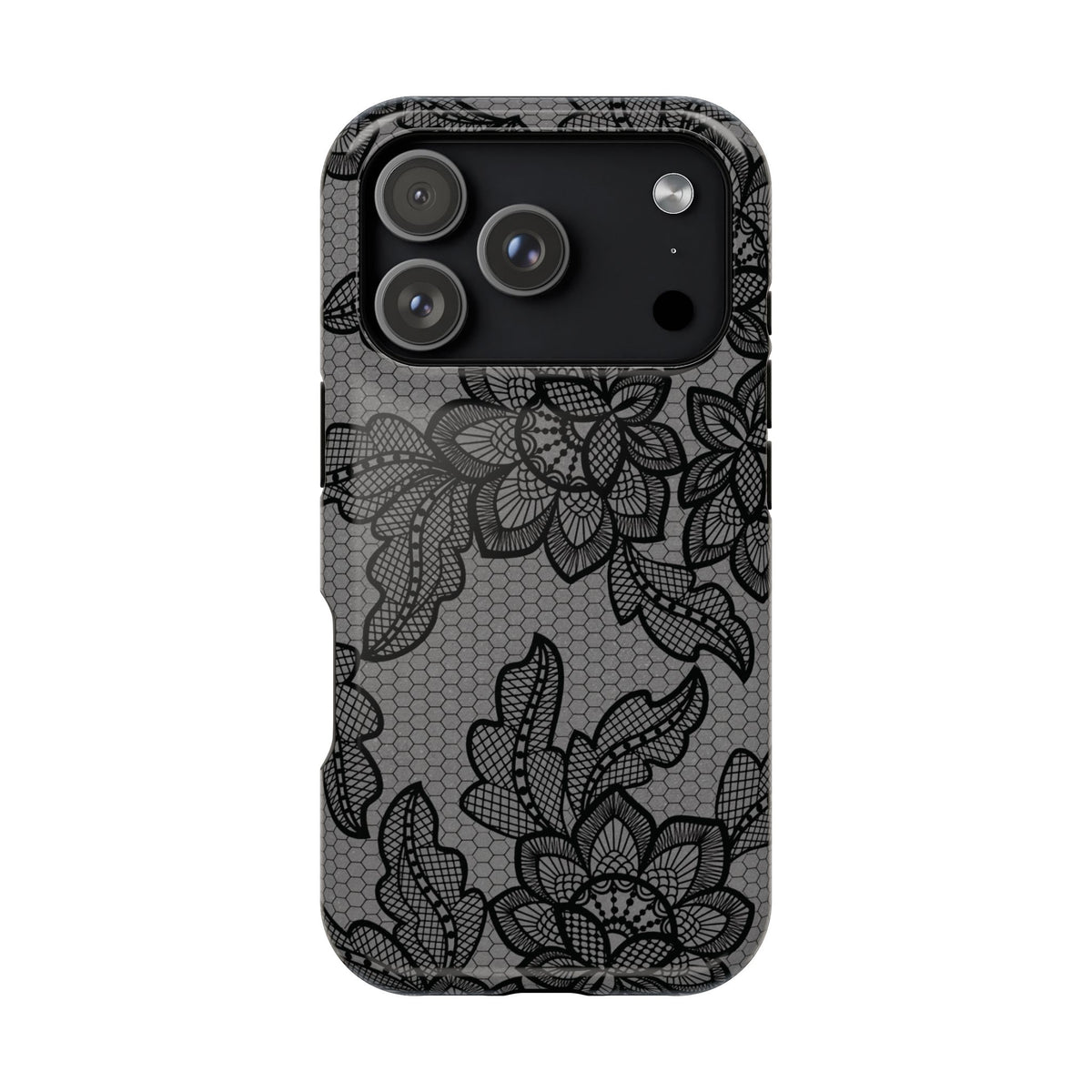 Black lace print MagSafe phone case, back view