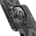 Black lace print MagSafe phone case, side view