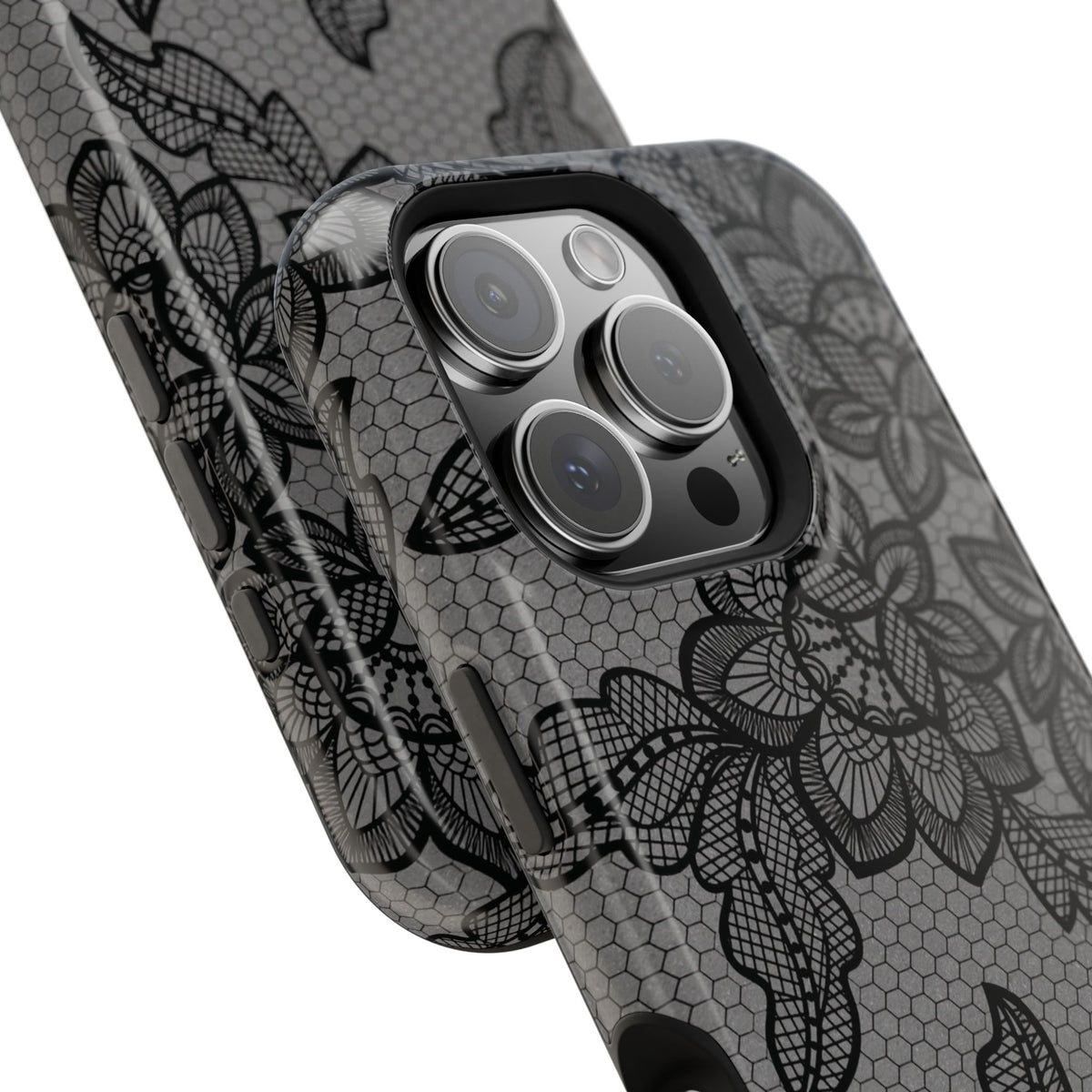Black lace print MagSafe phone case, side view