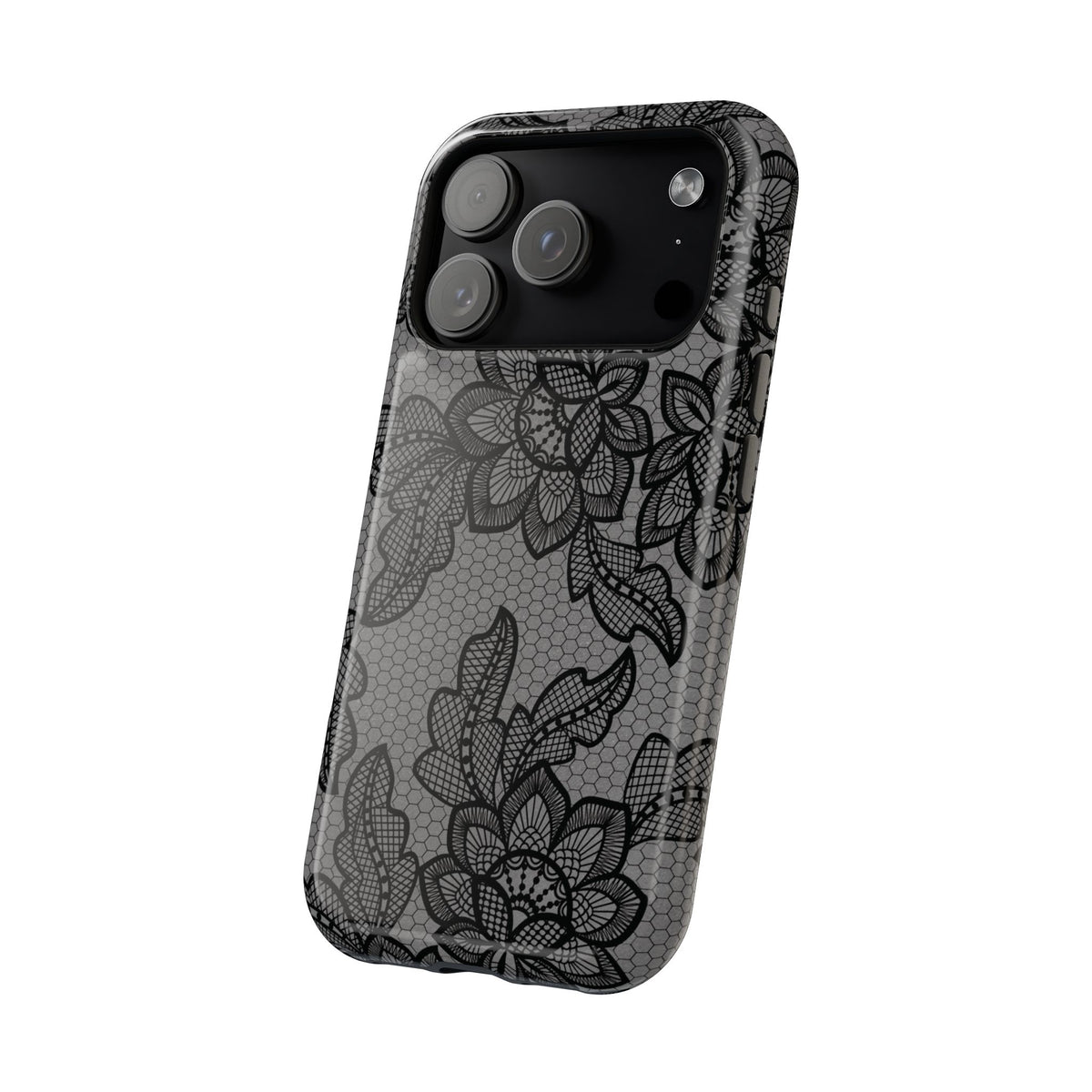 Black lace over gray mesh MagSafe phone case