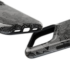 Black lace print MagSafe phone case, angled view