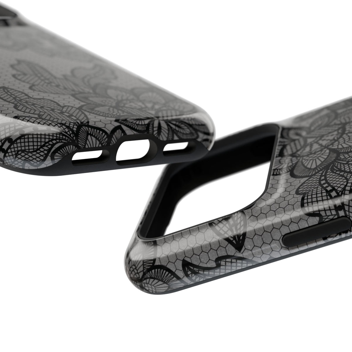 Black lace print MagSafe phone case, angled view
