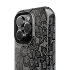 Black lace print MagSafe phone case, close-up