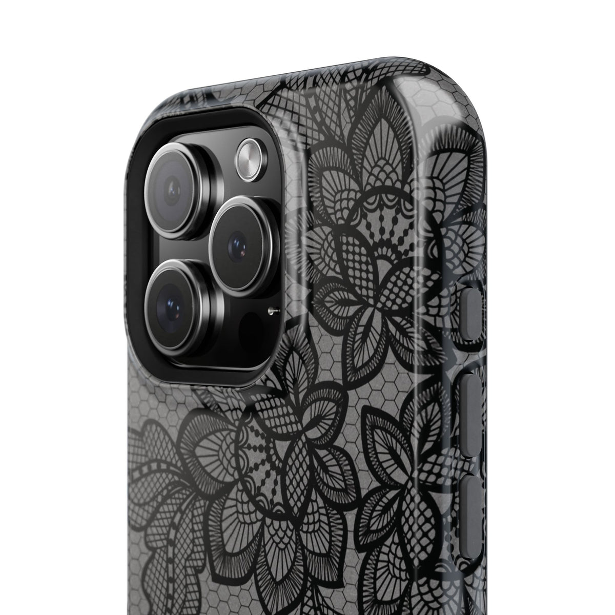 Black lace print MagSafe phone case, close-up