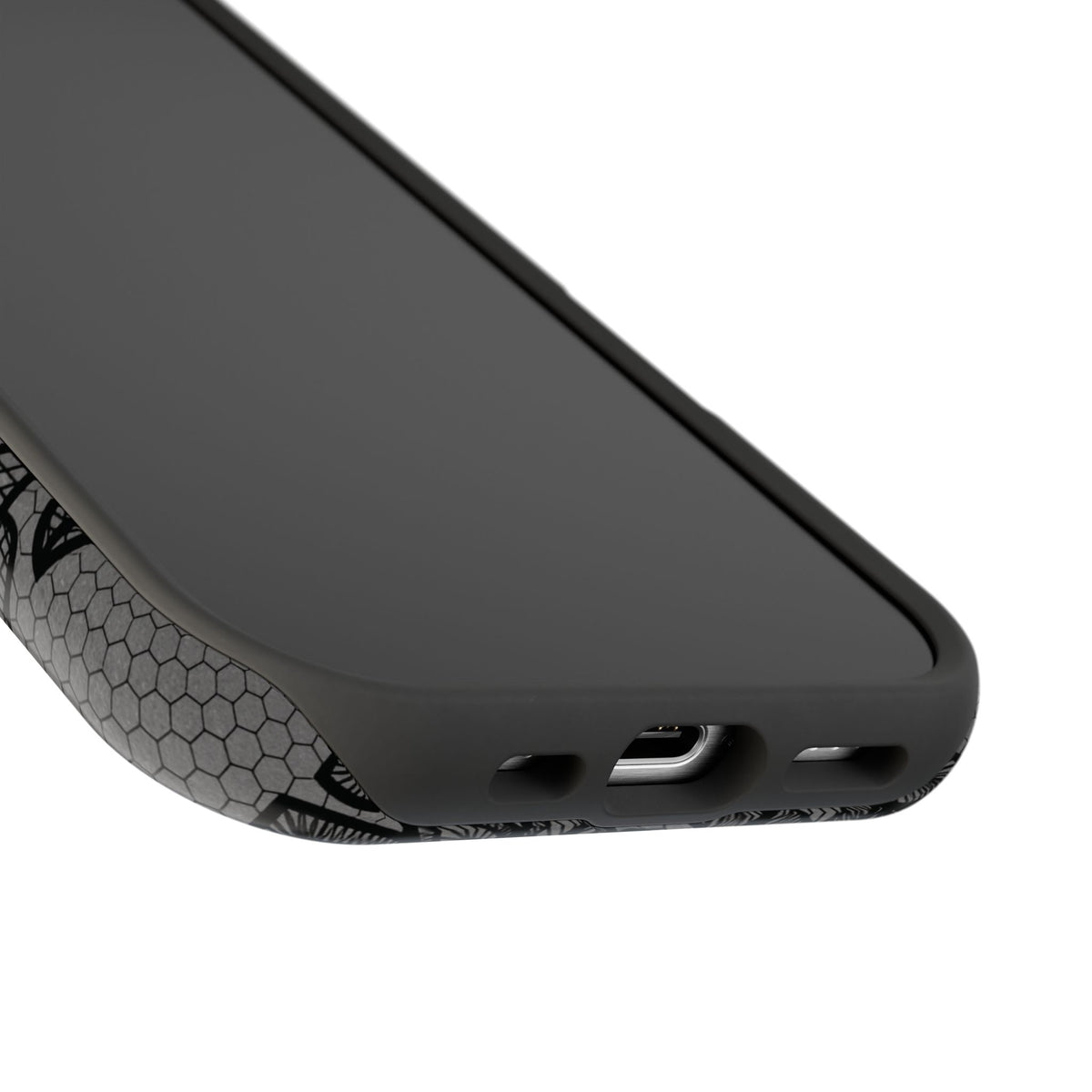 Black lace print MagSafe phone case, lifestyle view