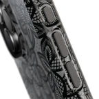 Black lace print MagSafe phone case, front and back