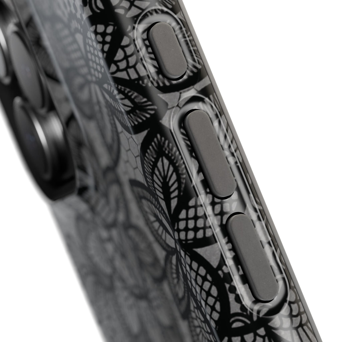 Black lace print MagSafe phone case, front and back