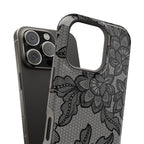 Black lace print MagSafe case, edge detail