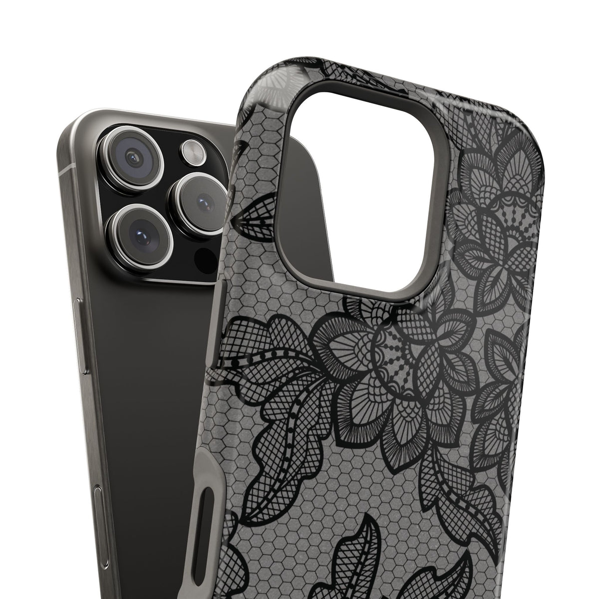 Black lace print MagSafe case, edge detail