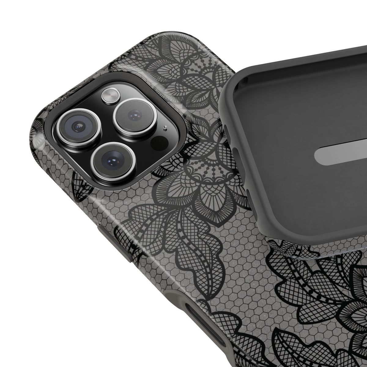 Black lace print MagSafe phone case in hand