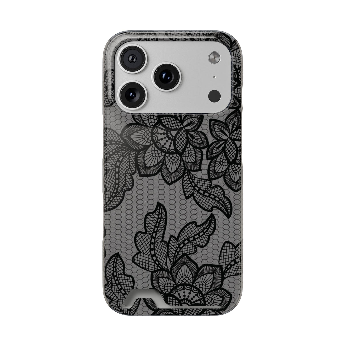 Black lace print phone case with a card slot