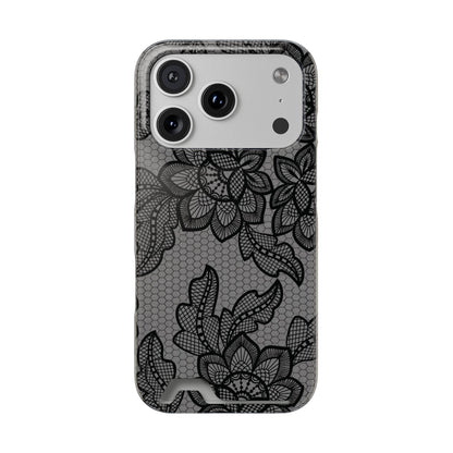 Black lace print phone case with a card slot