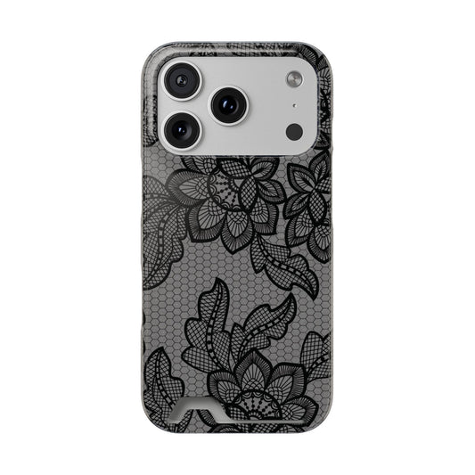 Black lace print phone case with a card slot