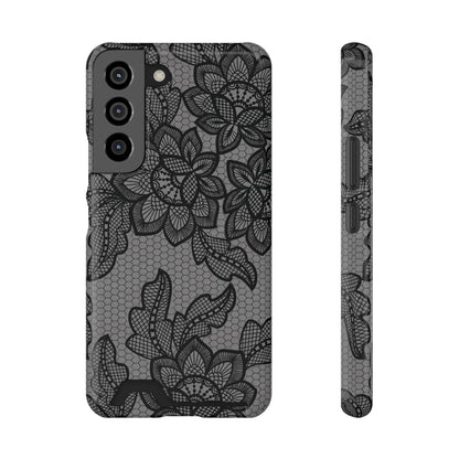 Black lace print phone case with card holder, black floral lace on gray
