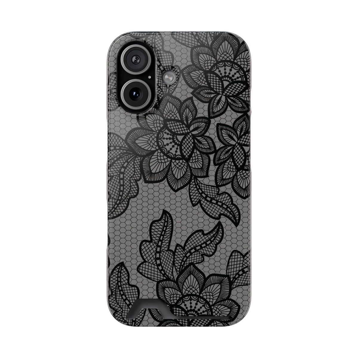 Black lace print phone case with card holder, black floral lace on gray