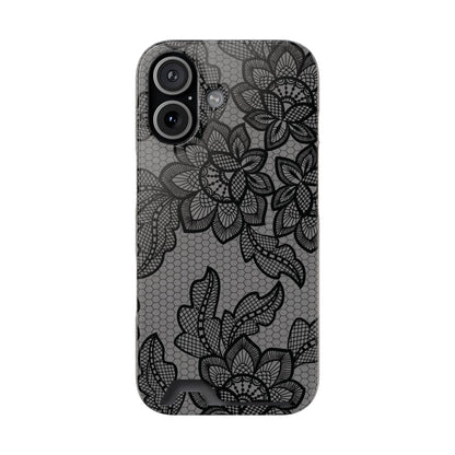 Black lace print phone case with card holder, black floral lace on gray