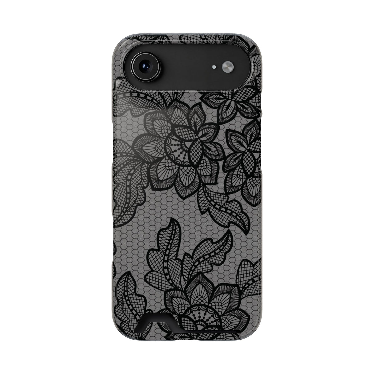 Black lace print phone case with card holder, black floral lace on gray