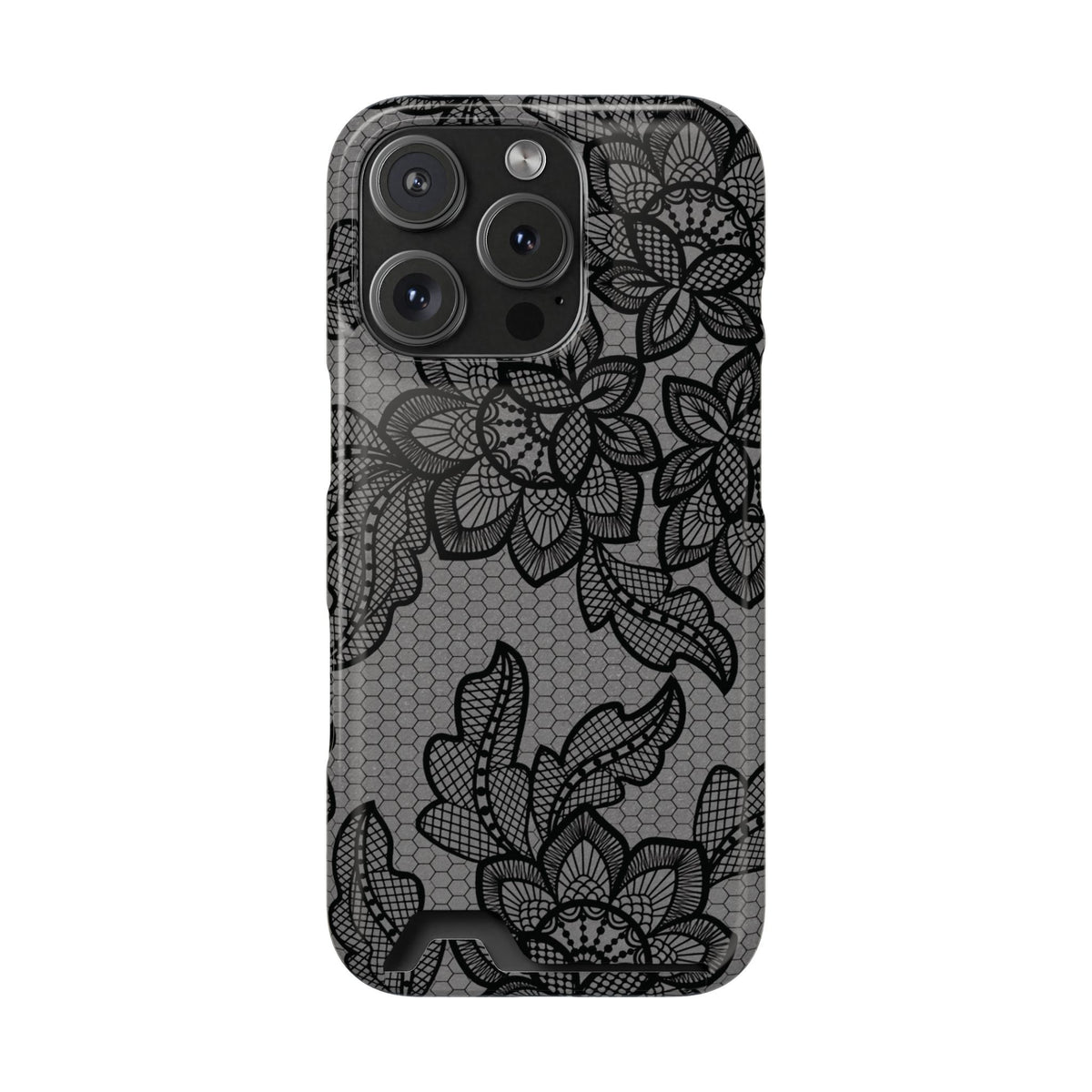 Black lace print phone case with card holder, black floral lace on gray