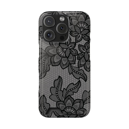 Black lace print phone case with card holder, black floral lace on gray