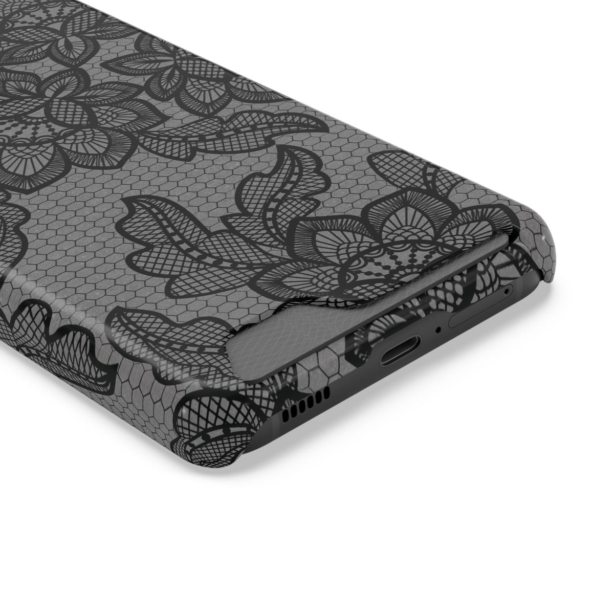 Black lace print phone case with card holder, black floral lace on gray