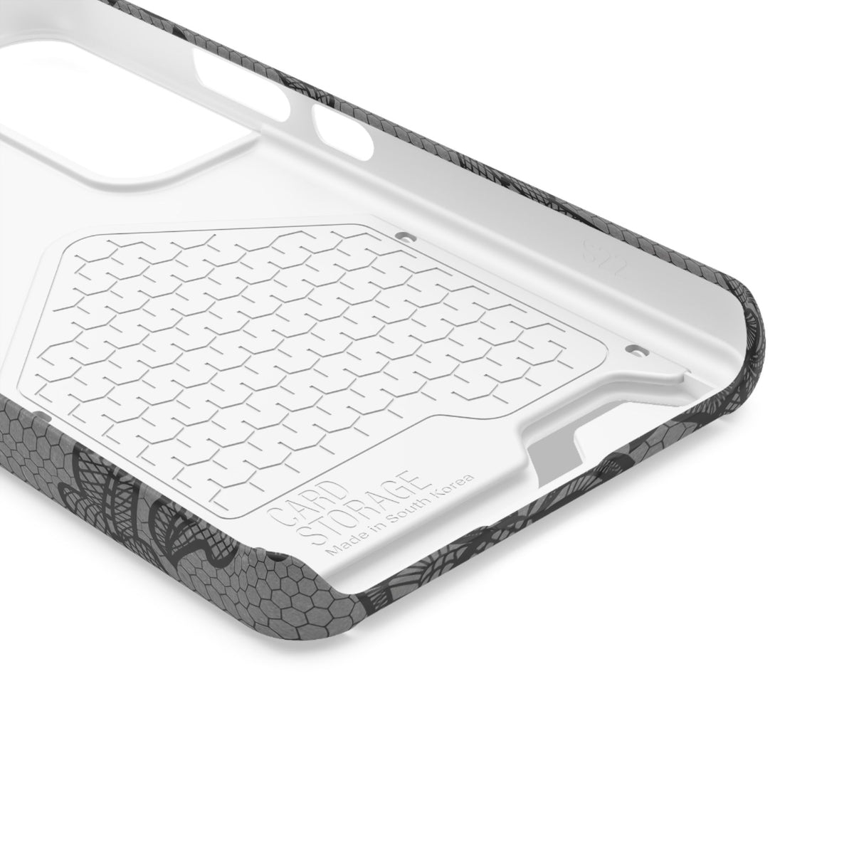 Black lace print phone case with card holder, black floral lace on gray