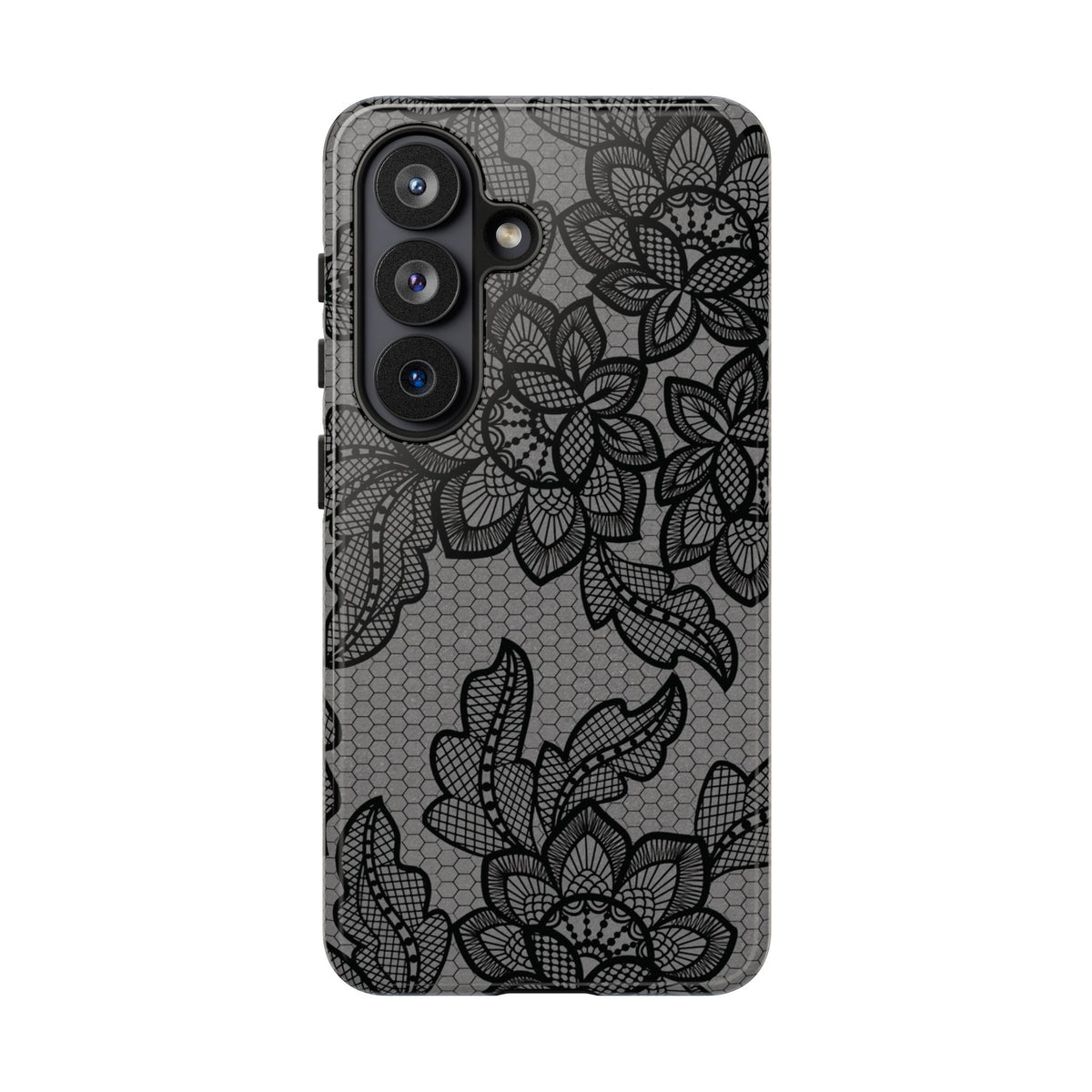 Black lace print tough phone case, black floral lace on gray