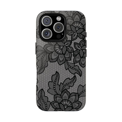 Black lace print tough phone case, black floral lace on gray