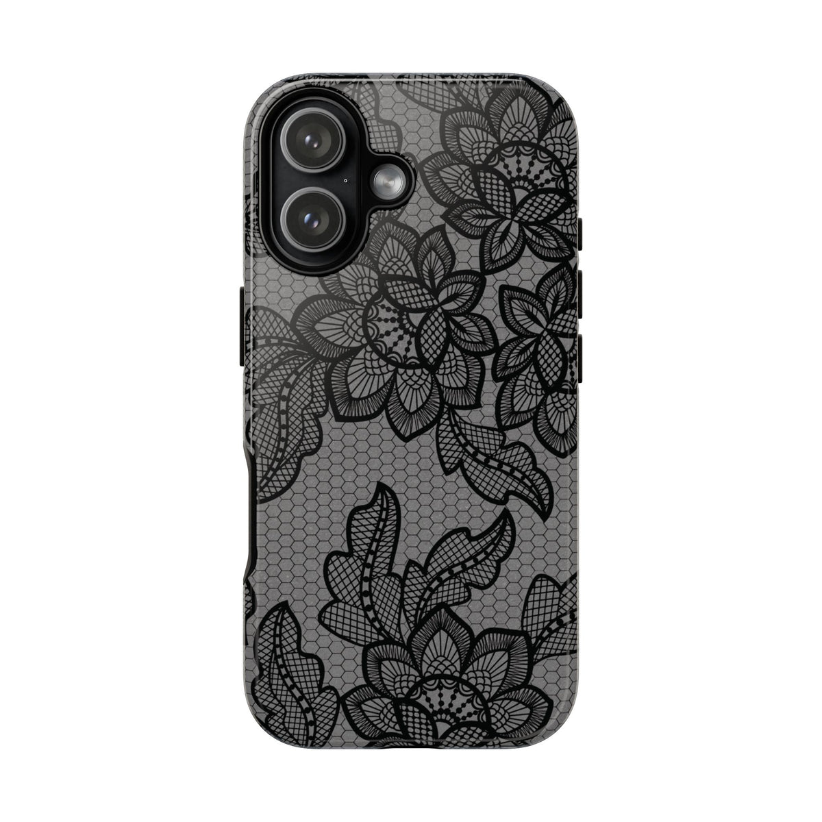 Black lace print tough phone case, black floral lace on gray