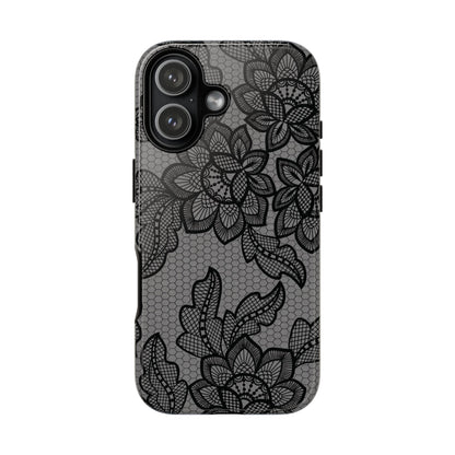 Black lace print tough phone case, black floral lace on gray