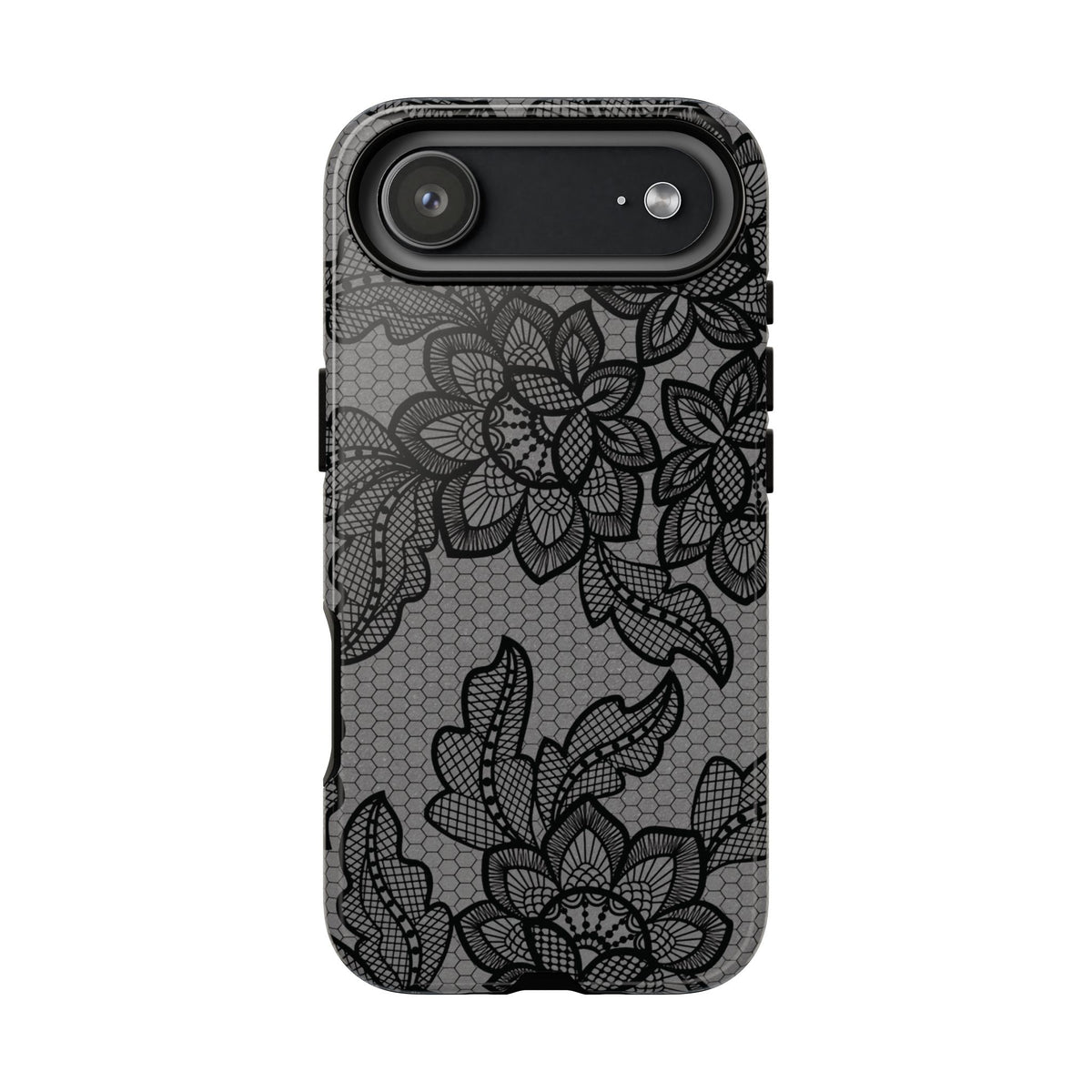 Black lace print tough phone case, black floral lace on gray