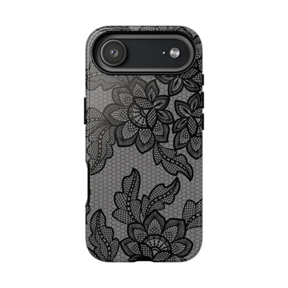 Black lace print tough phone case, black floral lace on gray