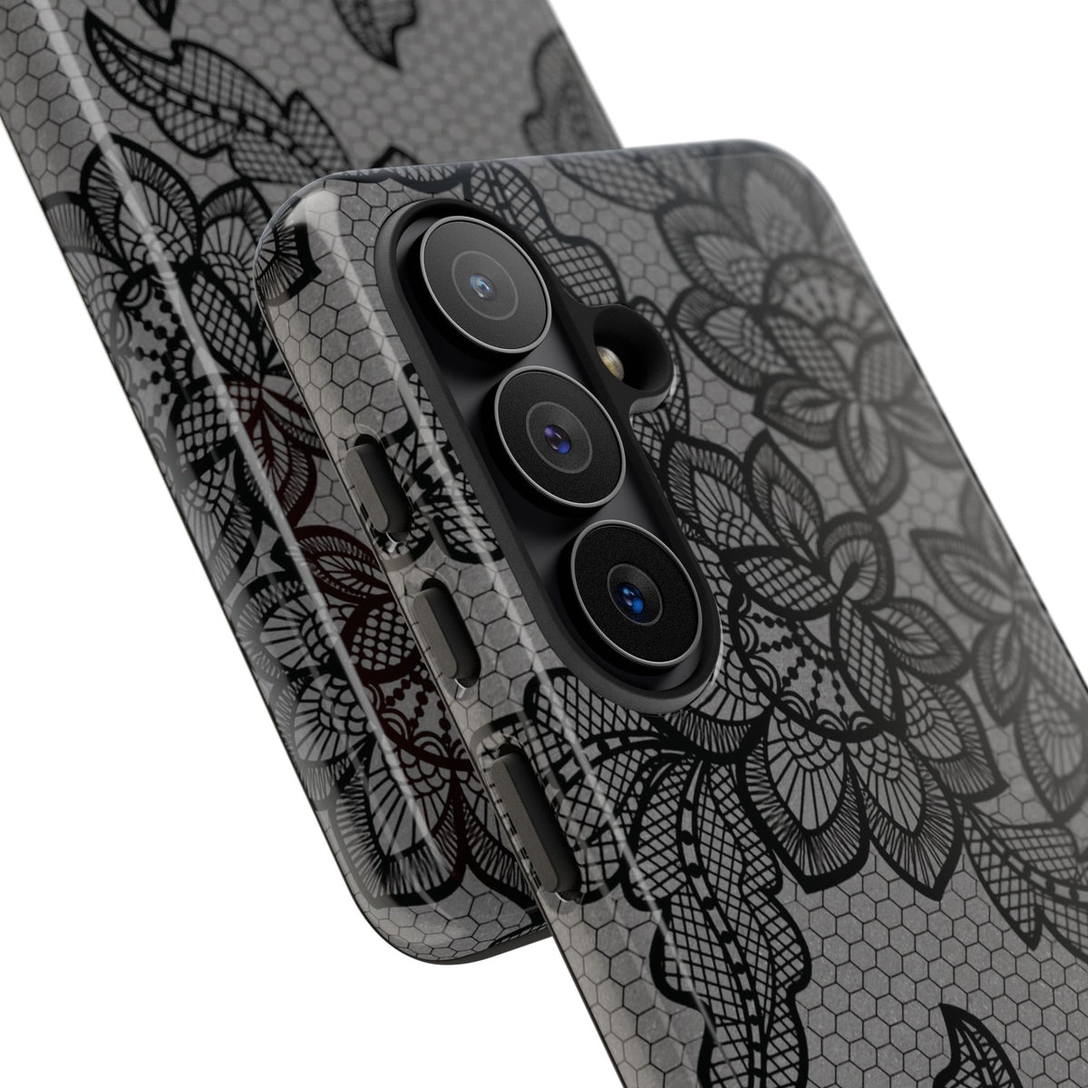 Black lace print tough phone case, black floral lace on gray