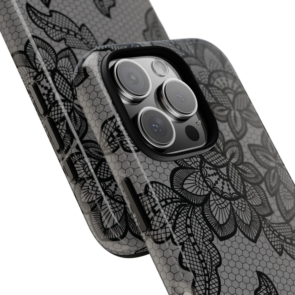 Black lace print tough phone case, black floral lace on gray