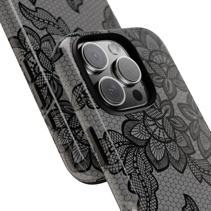 Black lace print tough phone case, black floral lace on gray