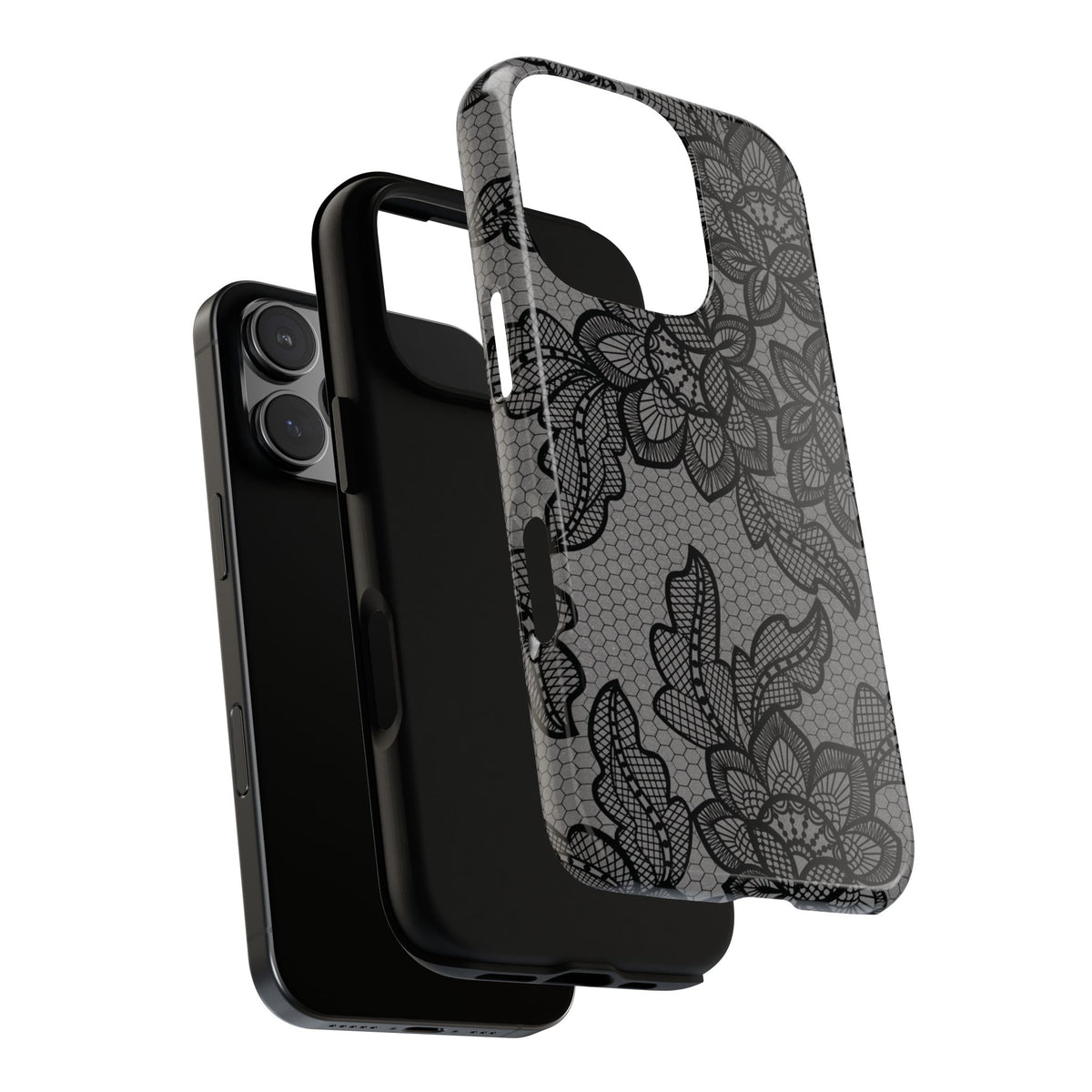 Black lace print tough phone case, black floral lace on gray