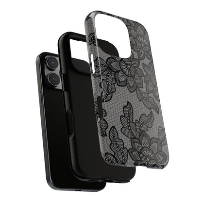 Black lace print tough phone case, black floral lace on gray