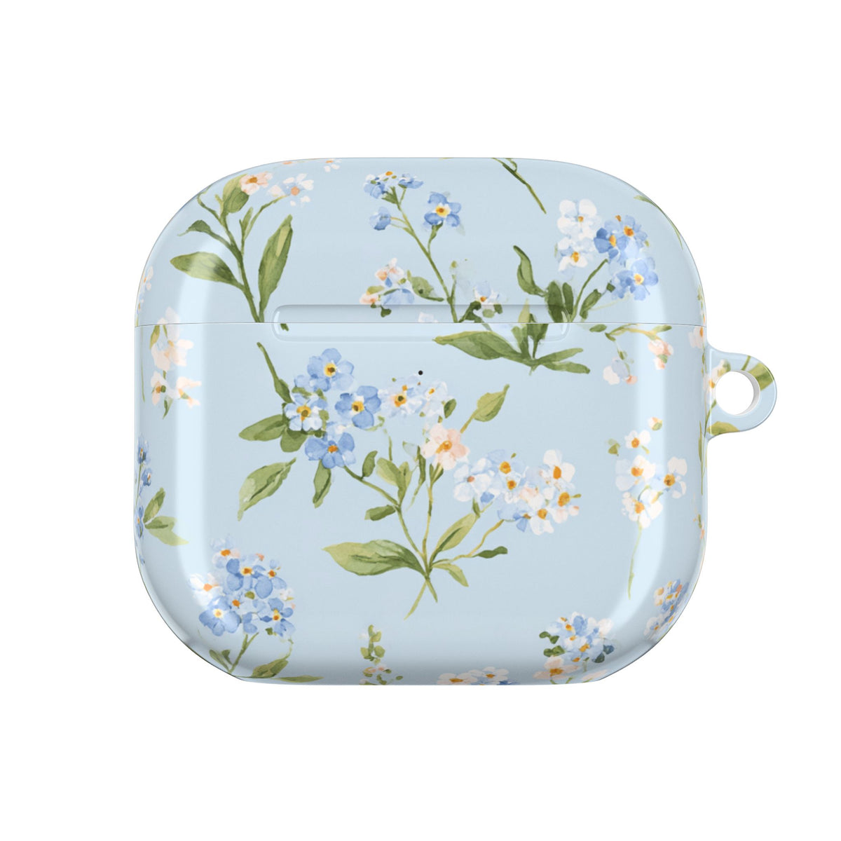 Blue meadow floral AirPod case, print running over the lid