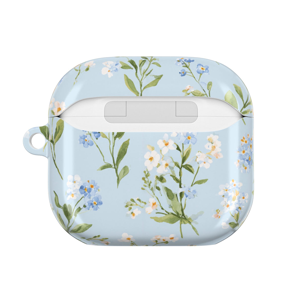 Blue meadow floral AirPod case held in hand