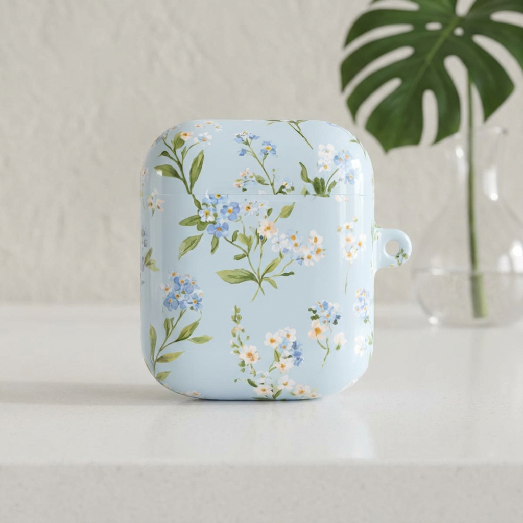 Blue meadow floral print with daisies and forget-me-nots