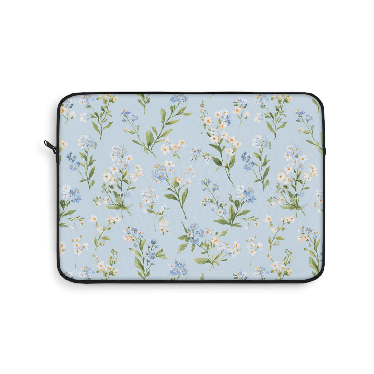 Blue meadow floral laptop sleeve with black zip and trim