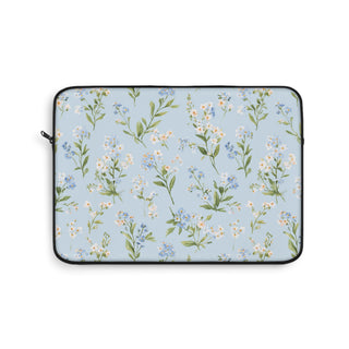 Blue meadow floral laptop sleeve with black zip and trim