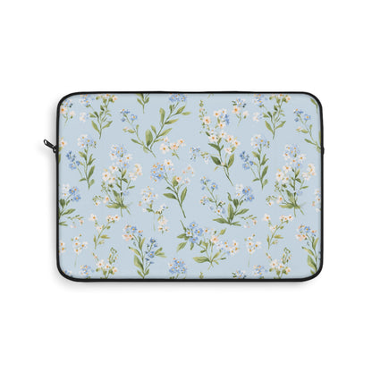 Blue meadow floral laptop sleeve with black zip and trim