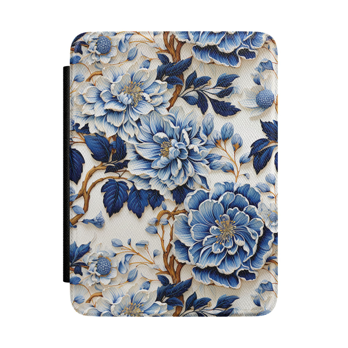 Blue peony print Kindle case with navy and cobalt blooms on ivory
