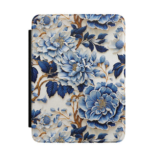 Blue peony print Kindle case with navy and cobalt blooms on ivory