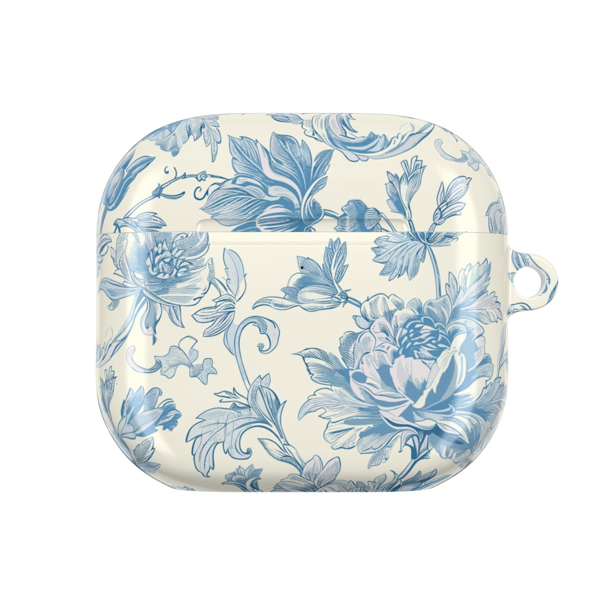 Blue toile AirPod case with blue floral pattern