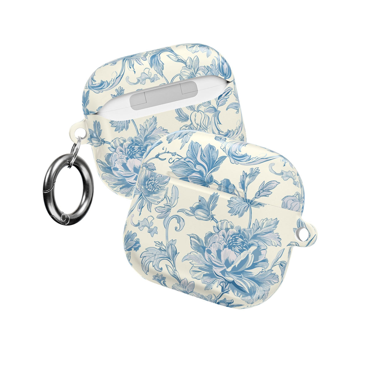 Blue toile de Jouy print detail on an AirPod case