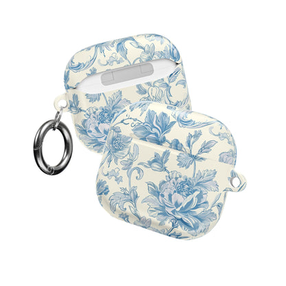 Blue toile de Jouy print detail on an AirPod case