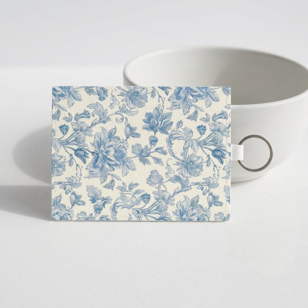 Blue toile de Jouy print detail on a card holder wallet